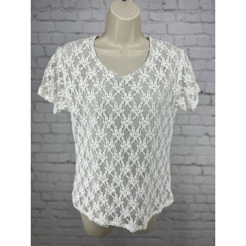 Koch Anthropologie White Grey Lace Short Sleeve Blouse Top USA Women’s XS